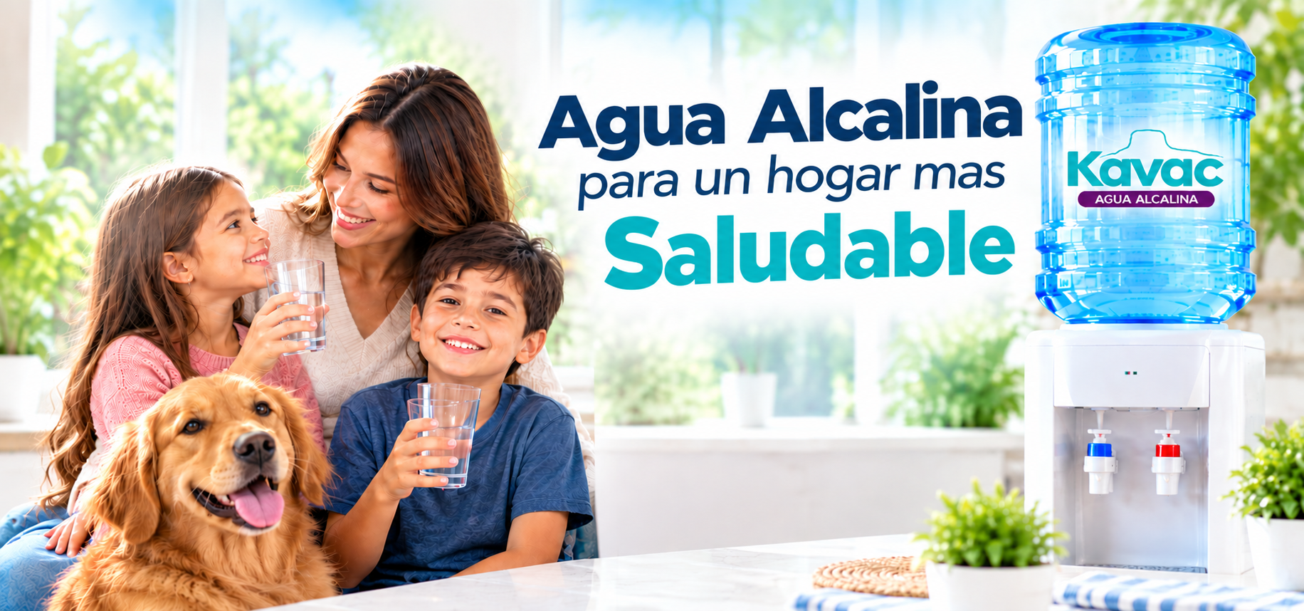 Familia tomando agua alcalina Kavac junto a un botellón: agua alcalina para un hogar más saludable
